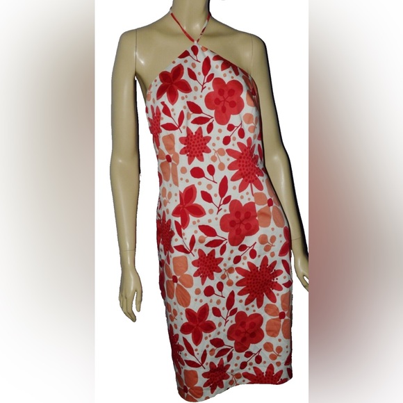 DAVID MEISTER NEW NWT SZ 8 M MEDIUM WHITE CORAL MINI HALTER SUMMER DRESS - Picture 2 of 9